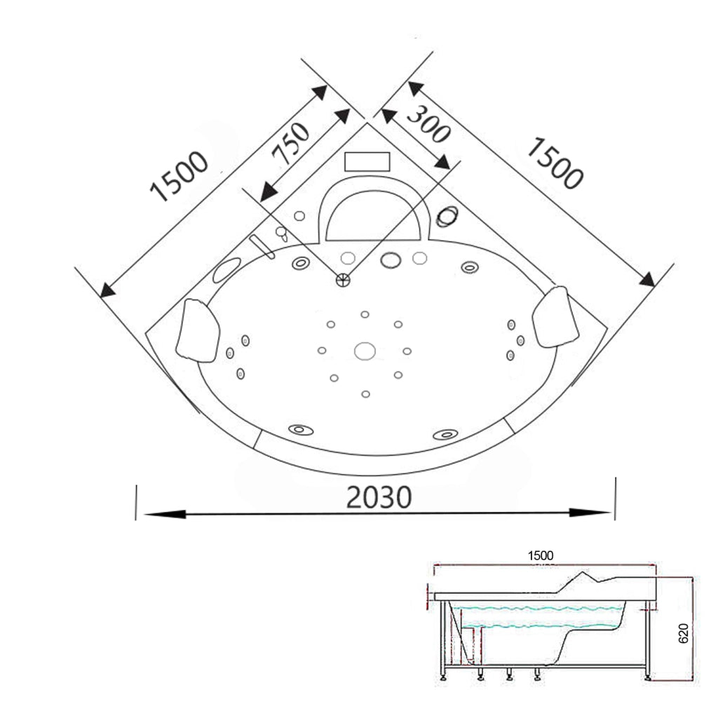 Vasca idromassaggio nera 150 X 150 cm doppia pompa 20 getti – Mykonos