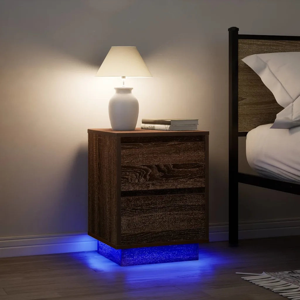 Comodino con Luci LED Rovere Marrone 38x34x50 cm 861295