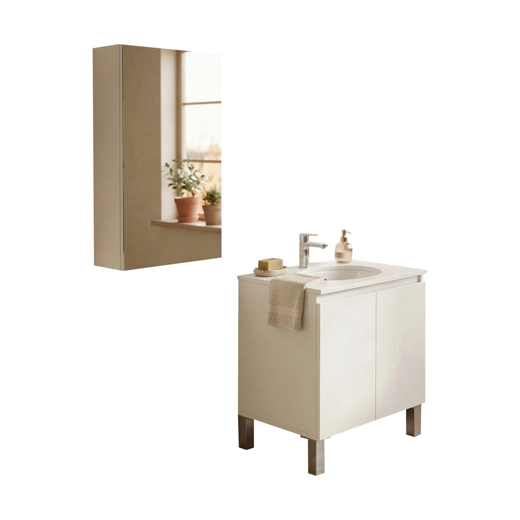 Gaiola, set Mobili Bagno Specchio Incluso, Bianco Lucido
