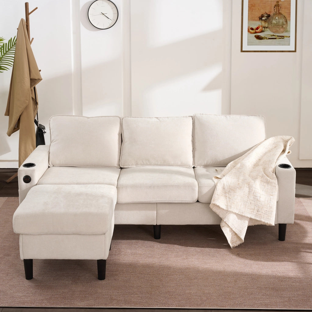 Divano letto imbottito 3 posti - Zephmum- USB e Type-C, porta bevande, forma L, beige