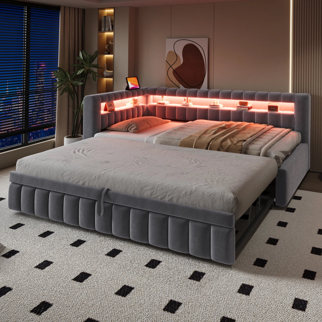 Letto imbottito 90x200 cm con letto estraibile, LED, porte USB e ripiani, grigio