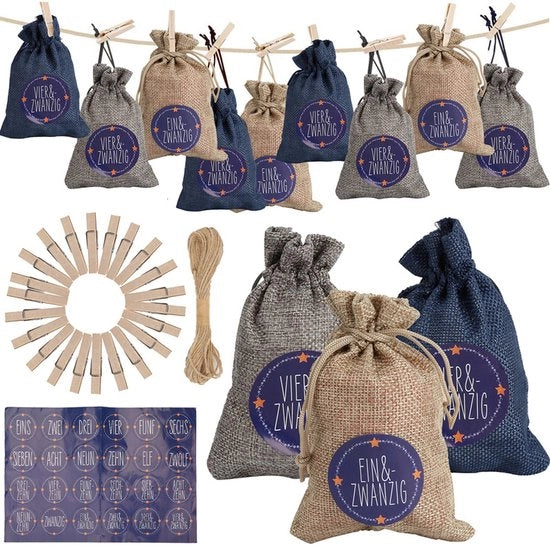 Calendario di Natale da riempire - 24 Borse di regalo - Decorazione natalizia fai-da-te - Kit di confezione completa - Blu/Beige/Grigio
