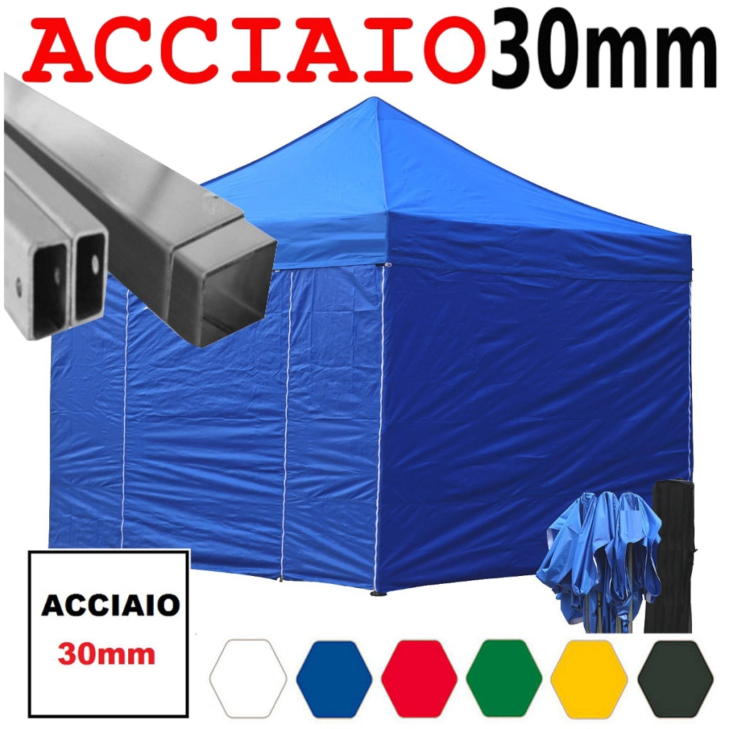 Gazebo 3x3 m blu pieghevole portatile estendibile richiudibile estensibile acciaio con laterali per fiere eventi stand chiosco tenda tendone mercato mercatino
