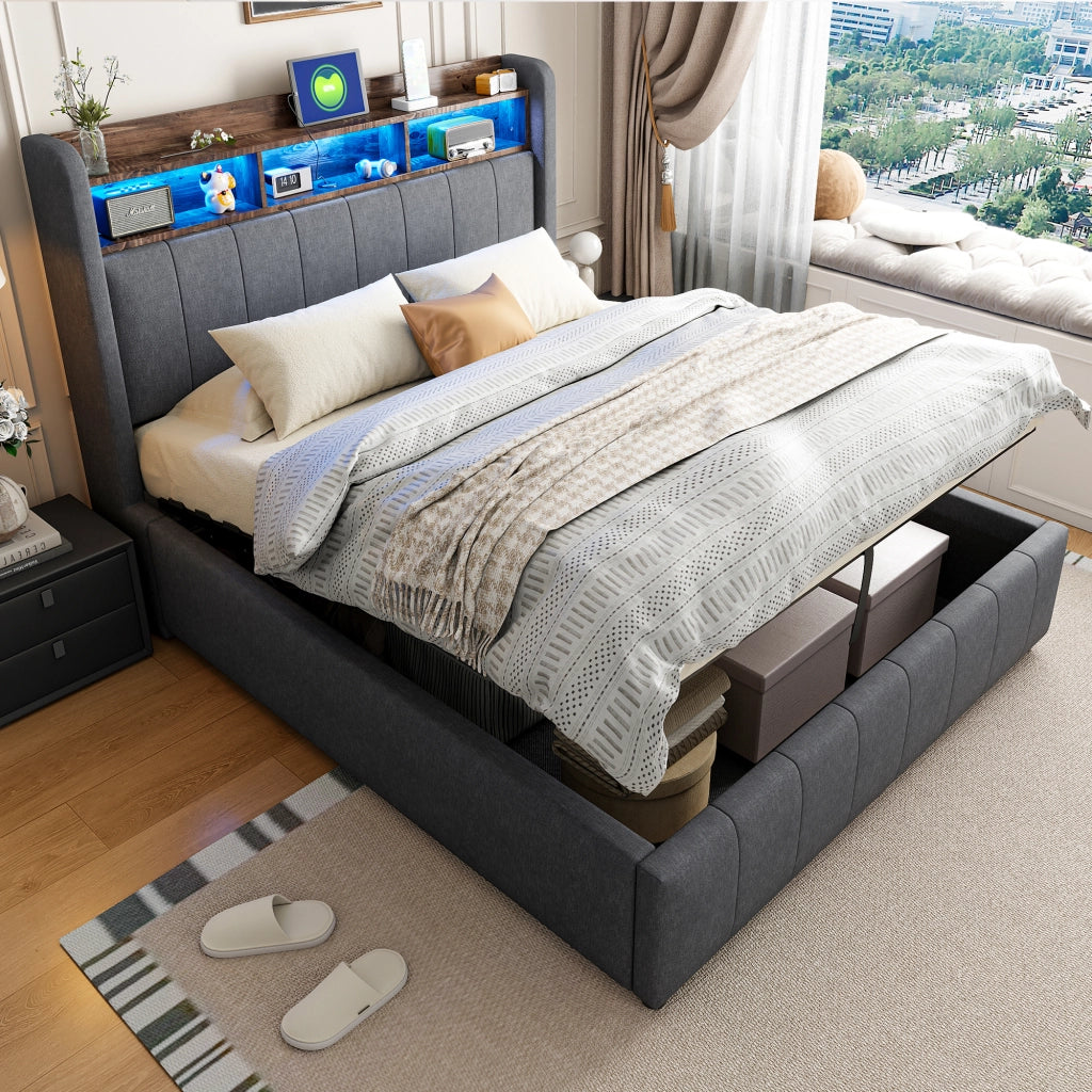 LETTO Imbottito 140x200 cm Grigio con LED, USB, Tipo C e vano contenitore