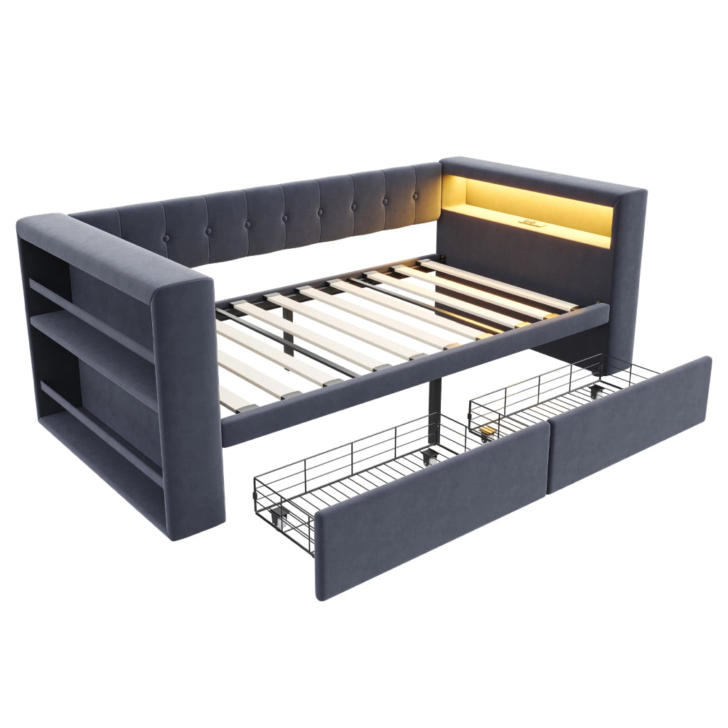 LETTO 90x190 cm con LED, prese e 2 cassetti, grigio scuro, flanella