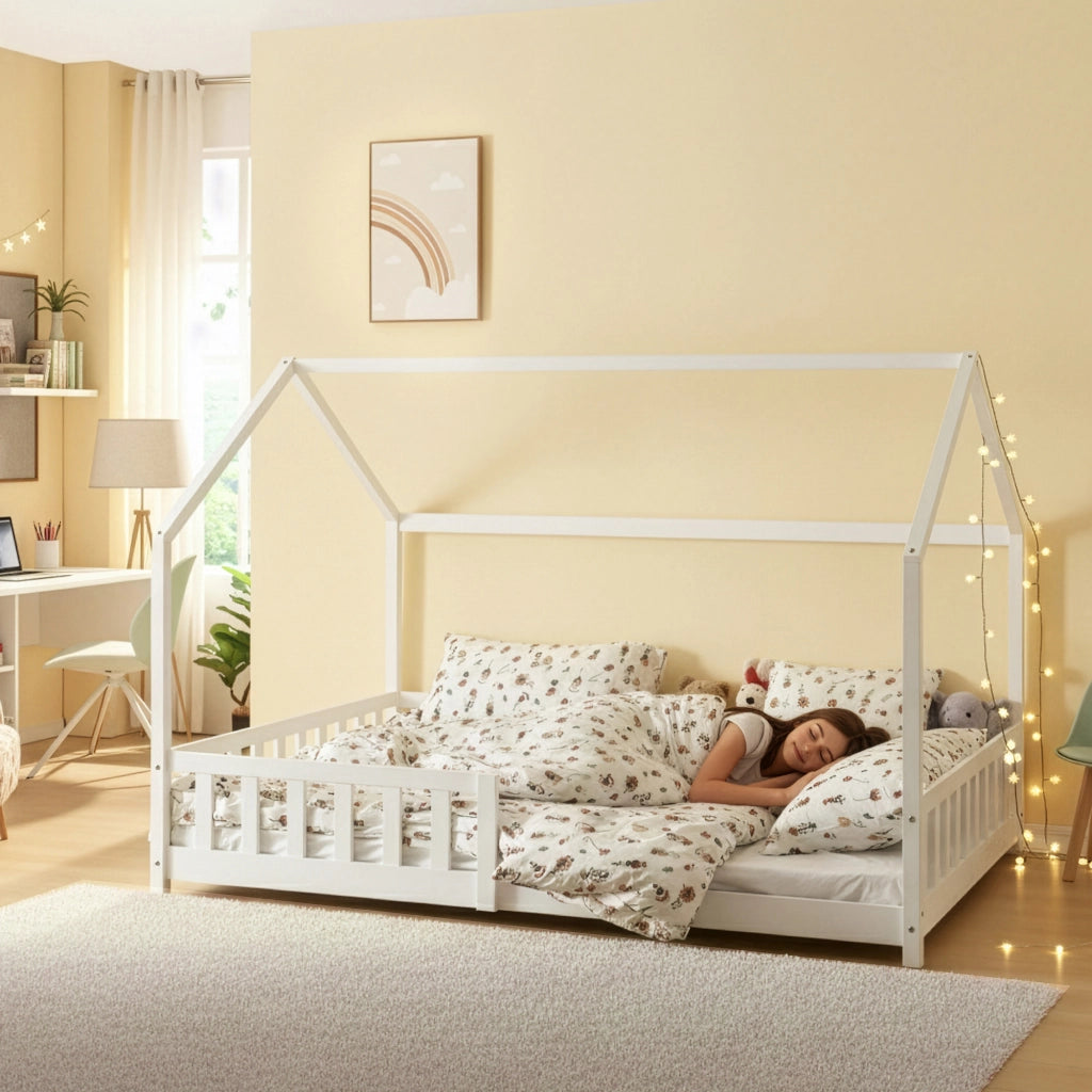 Letto Francese Hesel per Cameretta a Forma di Casetta 140 x 200 cm Bianco [en.casa]