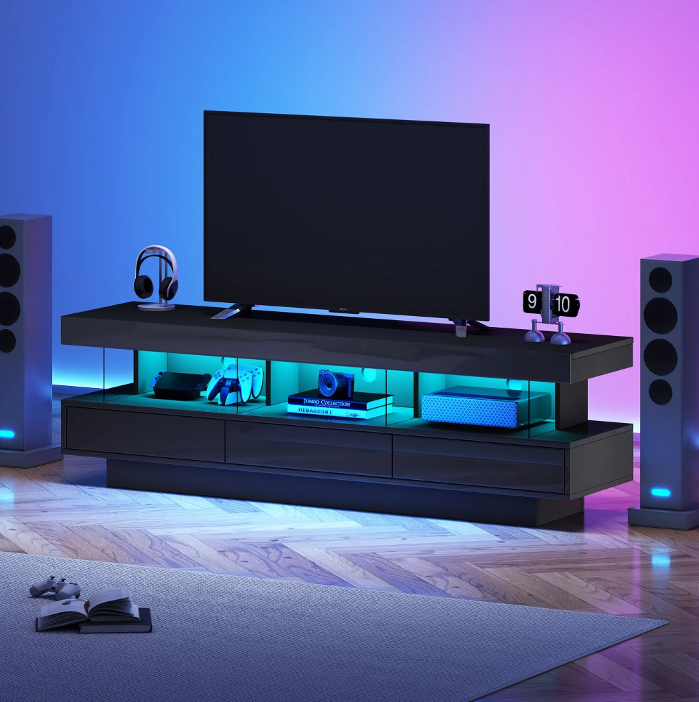 Mobile TV 160x38x50.5 cm con 3 ripiani in vetro e LED via app Bluetooth in truciolato nero