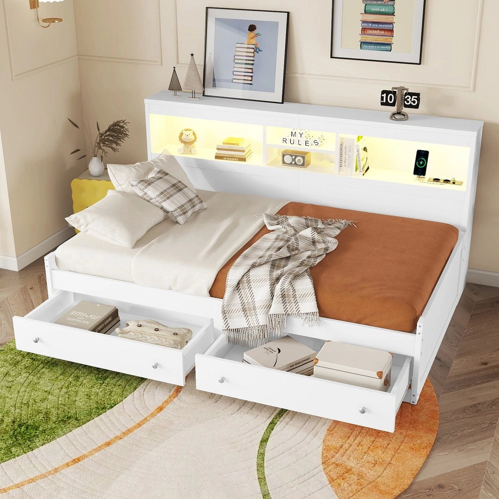 Letto Singolo con Divano, Comodino, LED e Cassetti ¨C MINIMAL ¨C Bianco 90x200