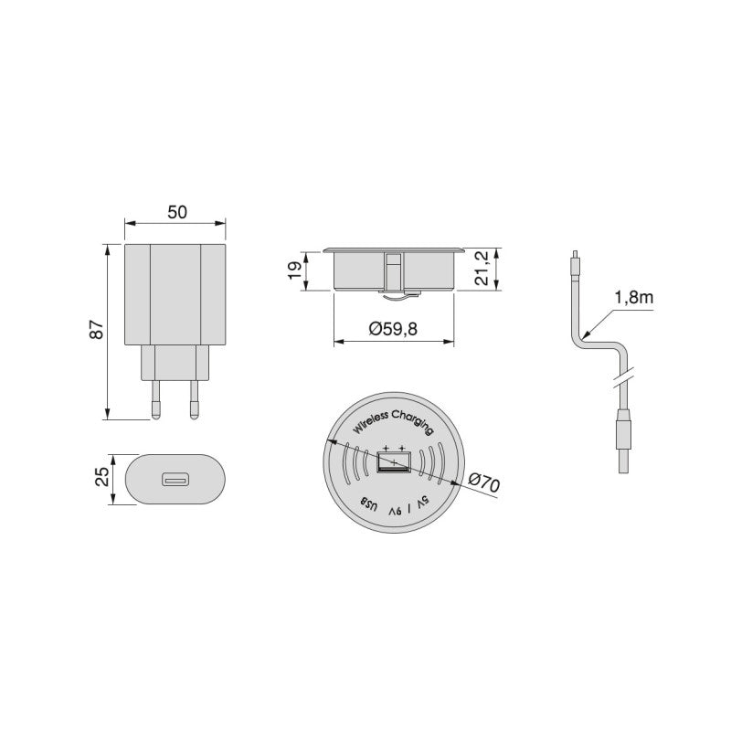 Caricabatterie wireless nascosto Airtop 2, D.60mm, 5V DC 2A (Qi-10W), Tecnoplastica, Nero