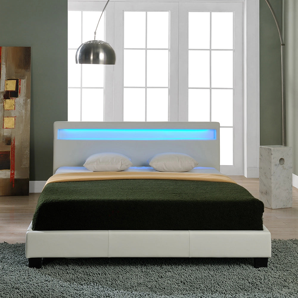 Letto Matrimoniale con Materasso 160x200 cm Testiera Alta con Illuminazione a LED Similpelle - Bianco Corium