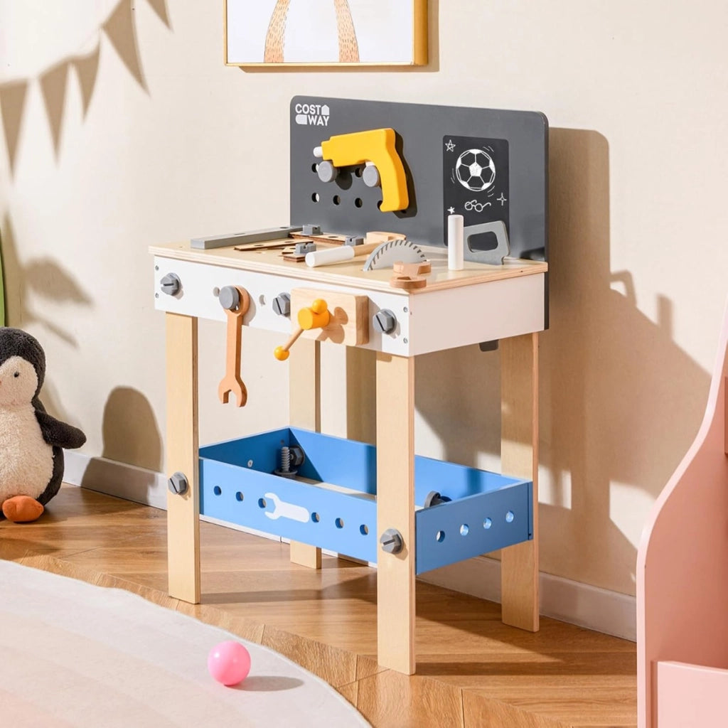 Banco da lavoro per bambini in legno con pannello forato, Set montessori con lavagna e mensola per bambini 3 + anni-Giocattoli educativi