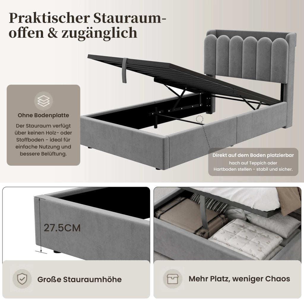 LETTO Contenitore 90x200 cm in velluto grigio con rete a doghe, USB e luce