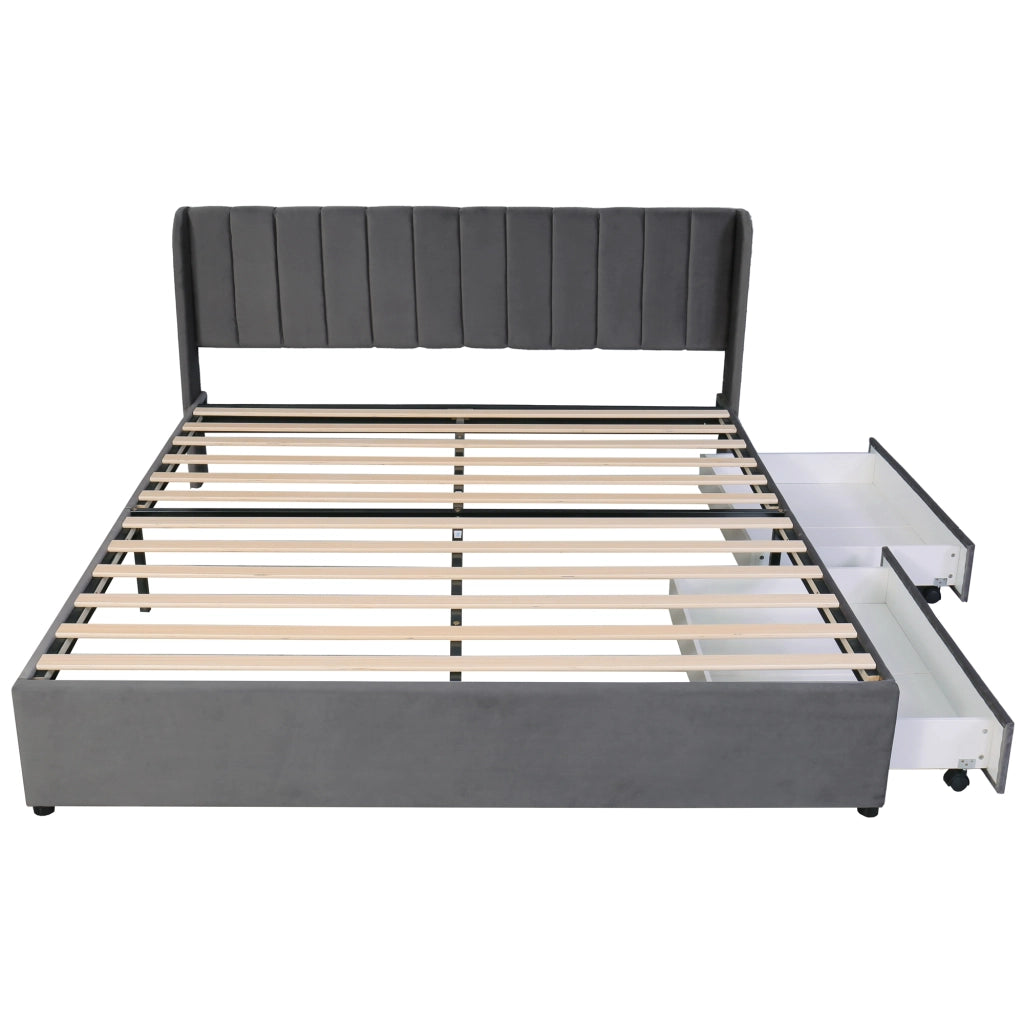 Letto imbottito in velluto grigio 180x200 cm con rete a doghe e 2 cassetti
