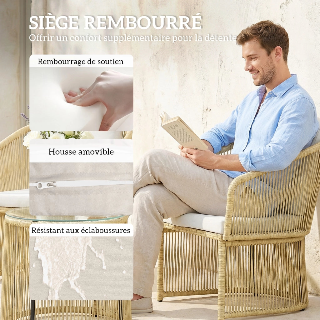 Set tavolo e sedie da esterno in polyrattan con cuscini ¨C Minimal ¨C crema