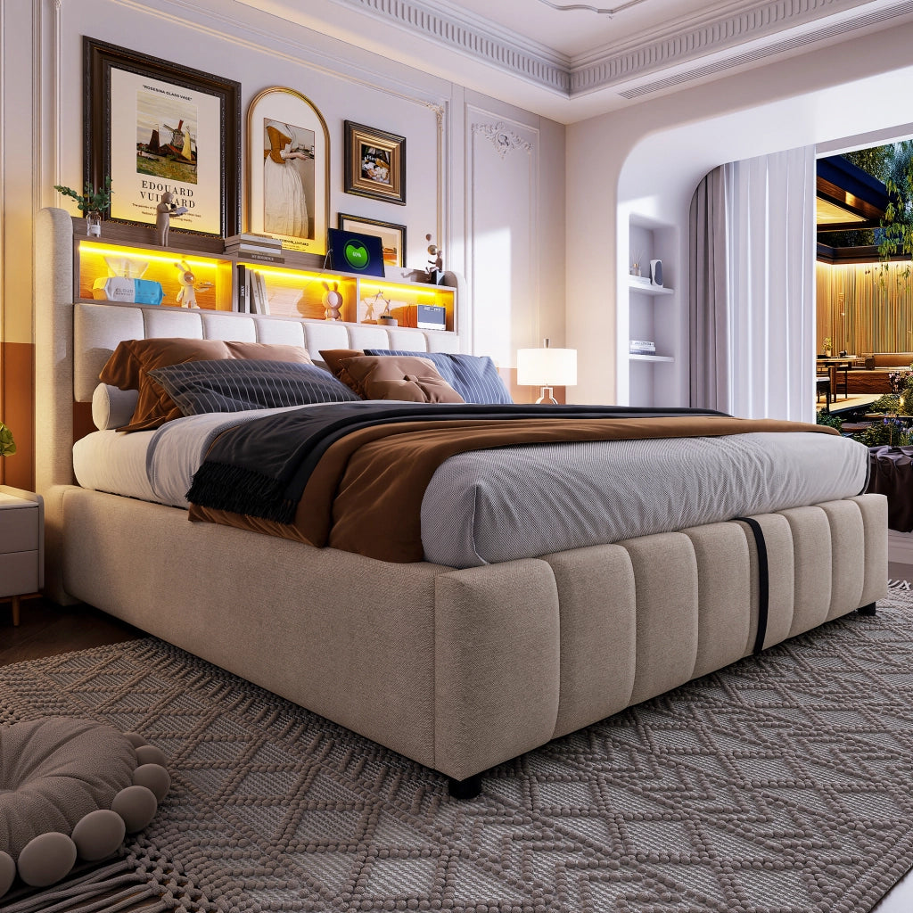 LETTO Imbottito 180x200 cm Beige con LED, USB e contenitore