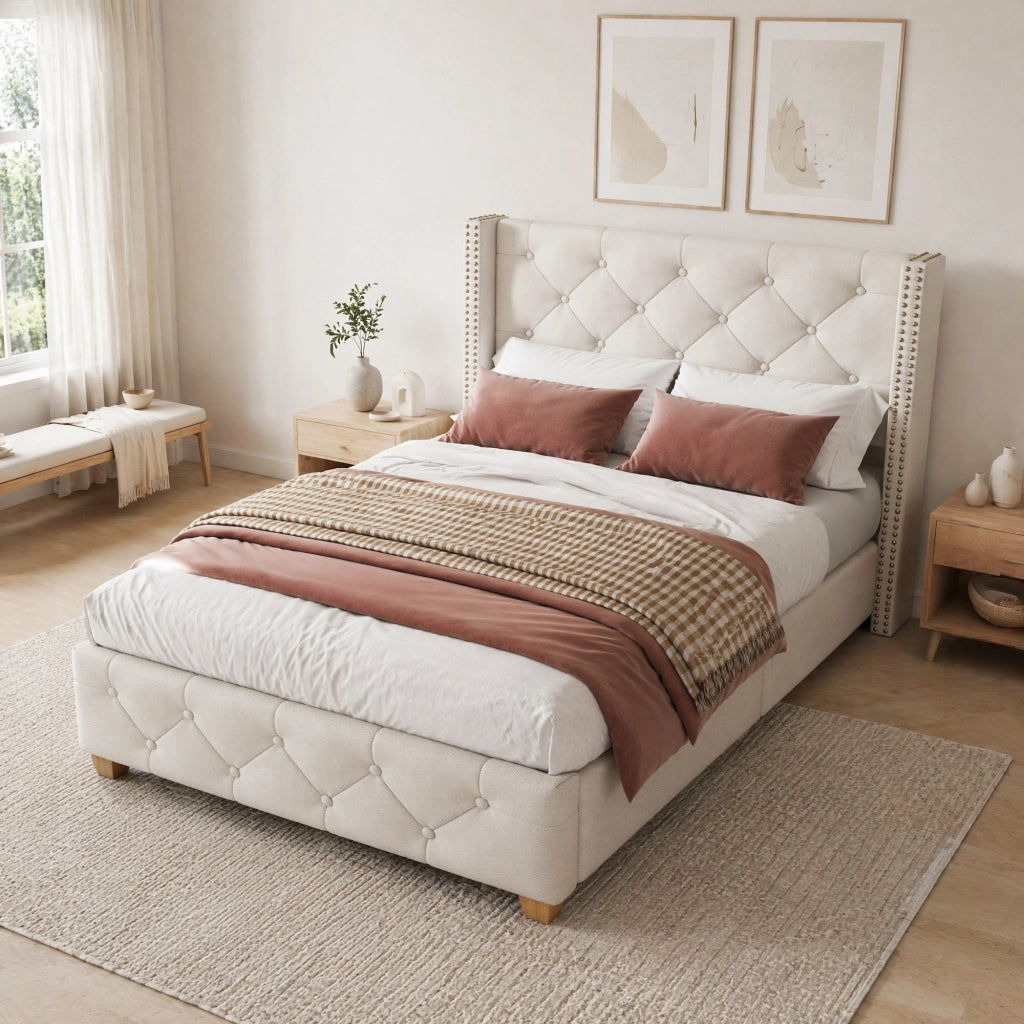LETTO imbottito 90x200 cm in lino beige con rete a doghe