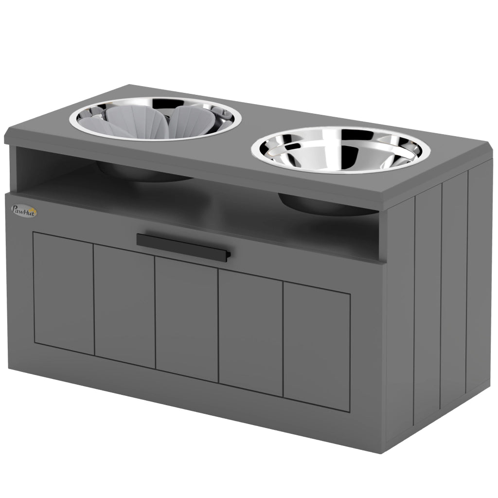 Ciotola Cane Grande con Distributore ¨C Minimal ¨C MDF Acciaio Grigio 2 Ciotole Inox