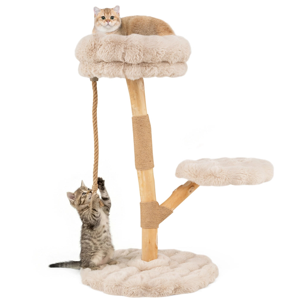 Torre moderna per gatti in legno con piattaforme in iuta naturale, Albero per gatti 92 cm corda in iuta Beige
