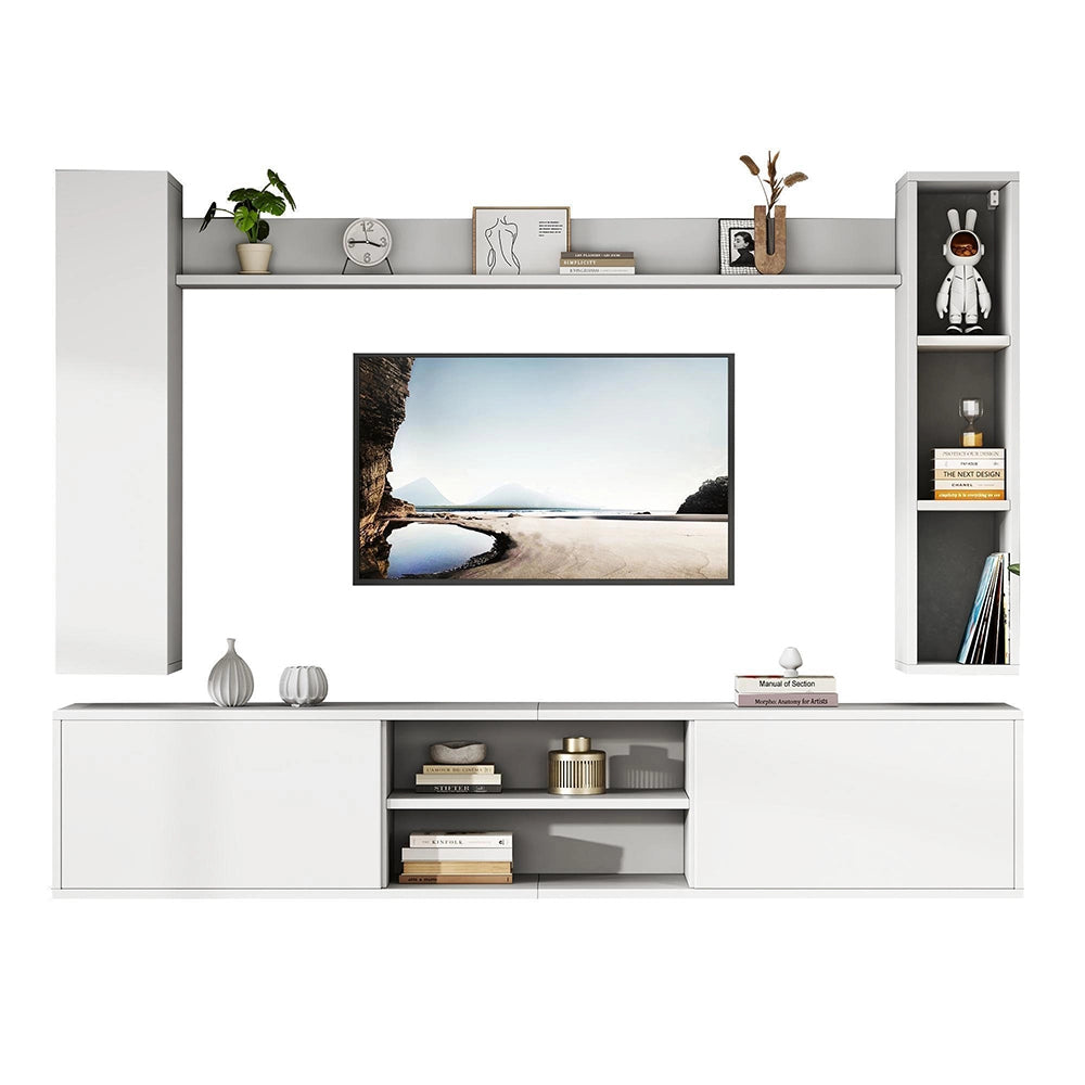 Set TV a Parete Completo 4 Pezzi 180x35x33.5cm - Xylo - con Vetrine, Bianco, fino a 80"