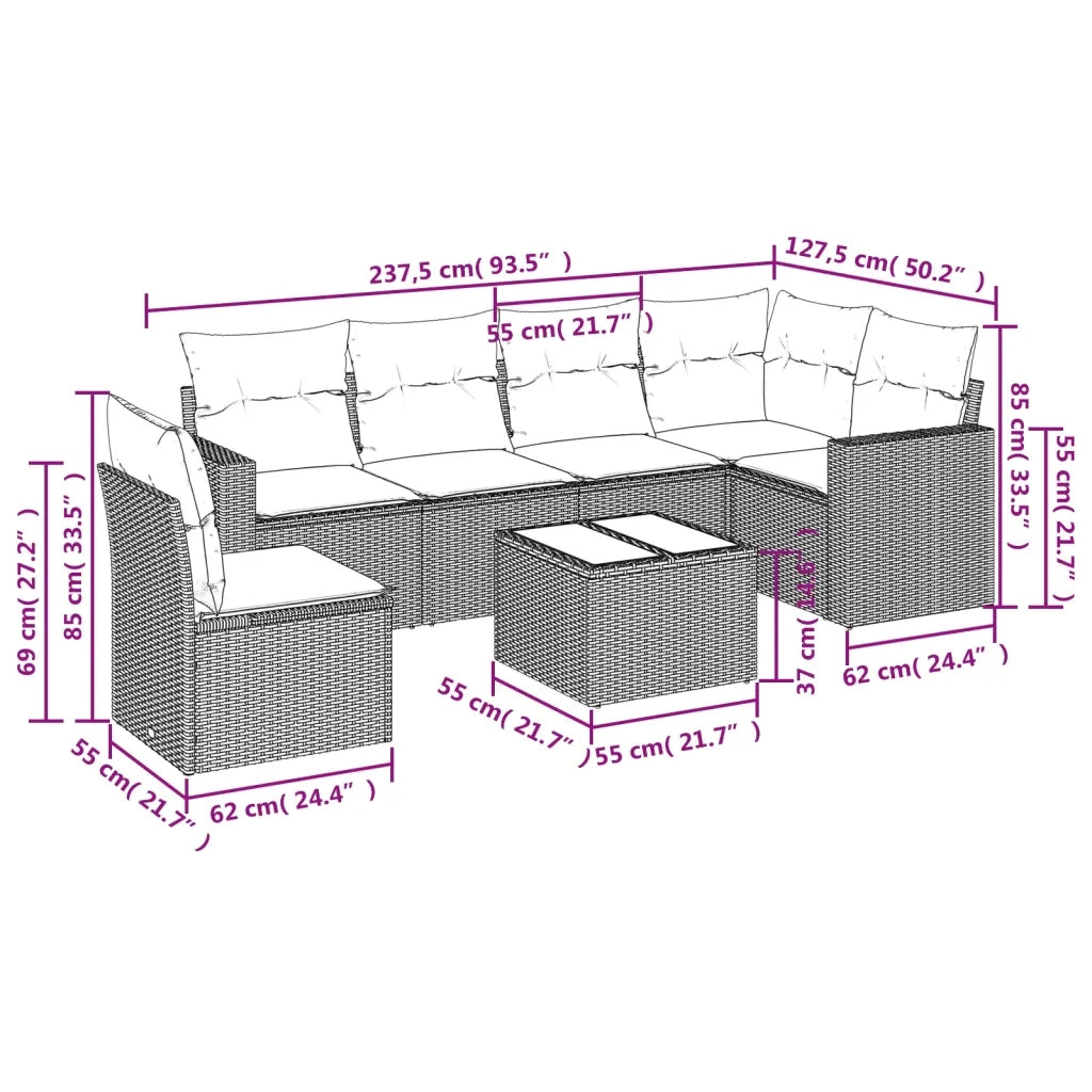 Set Divani da Giardino 7pz con Cuscini Grigio Chiaro Polyrattan 3219032