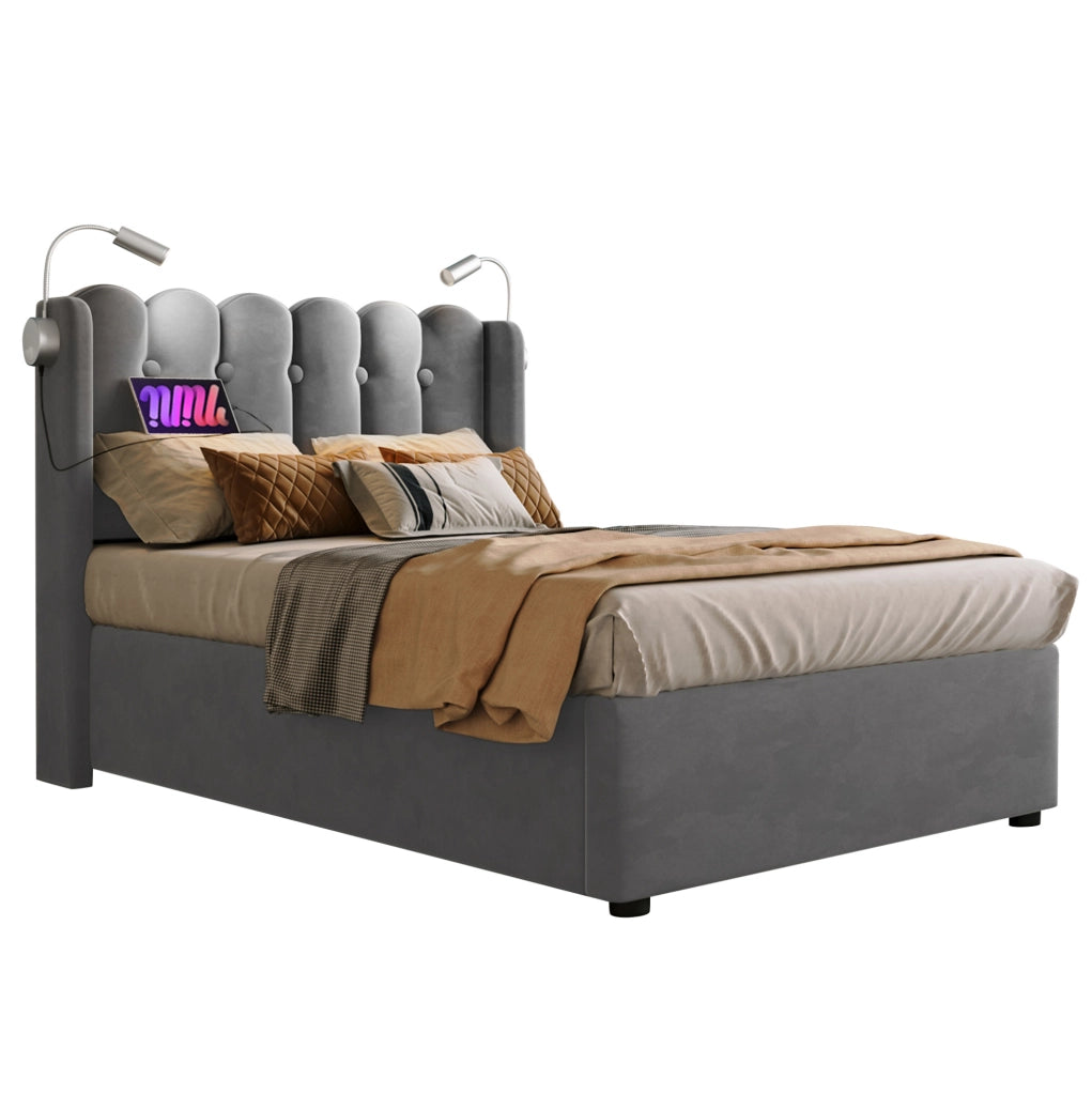 Letto singolo in velluto grigio con luce da lettura, USB e contenitore