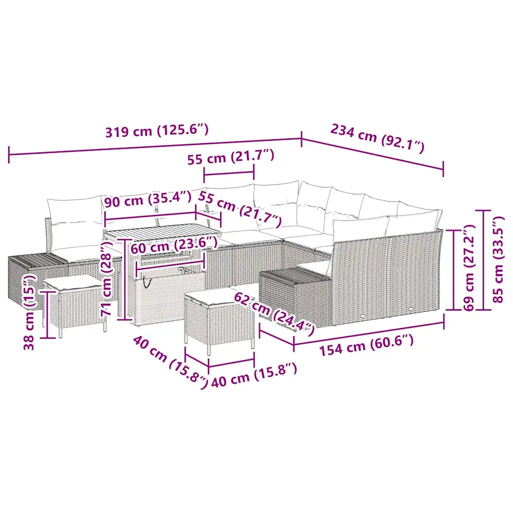 Set Divano da Giardino con cuscino 12 pcs Nero polyrattan 3362824