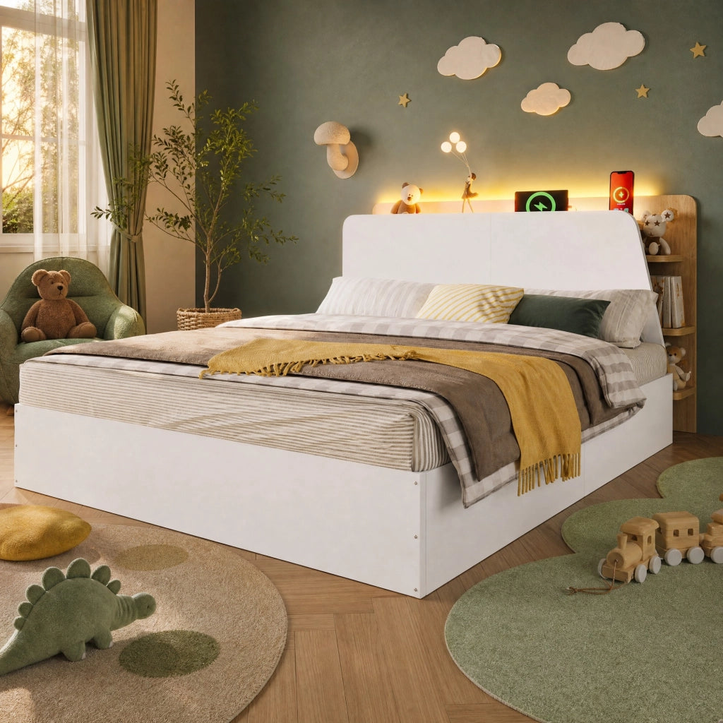 Letto contenitore idraulico 140x200 cm con USB, LED e comodino integrato