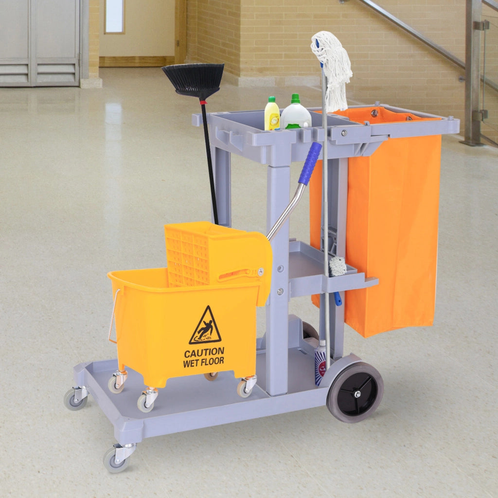 EasyComfort Carrello Pulizie Professionale con 3 Ripiani, Ganci Portascopa, 4 Ruote e Sacco 100L, Arancione 121 x 50.5 x 96.5cm
