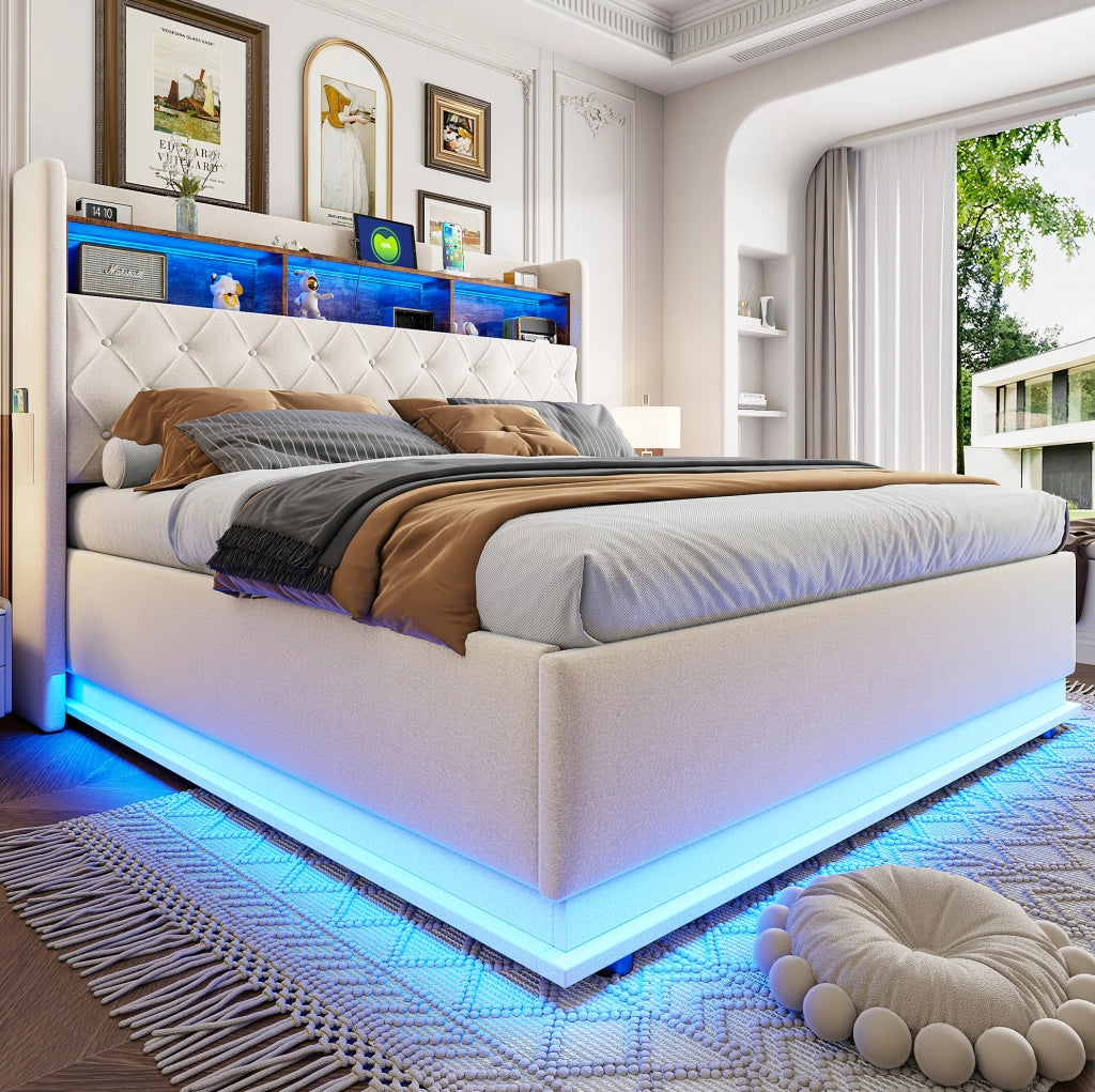 Letto imbottito LED con USB e ampio spazio contenitivo