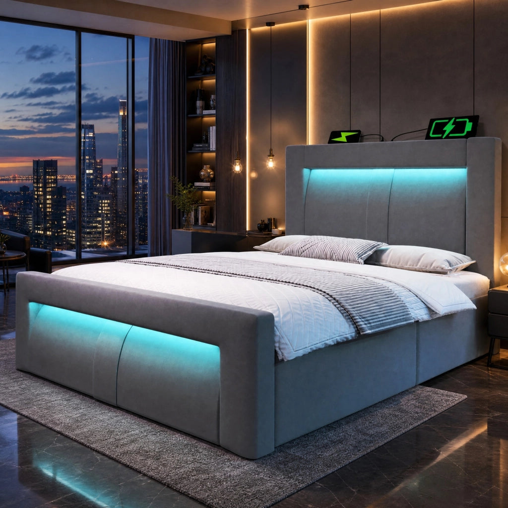 LETTO Contenitore 90x200 cm in velluto grigio con LED e porte USB/Type-C