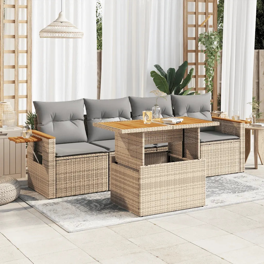 Set Divano da Giardino 5 pz con Cuscini Beige Polyrattan Acacia 3327545