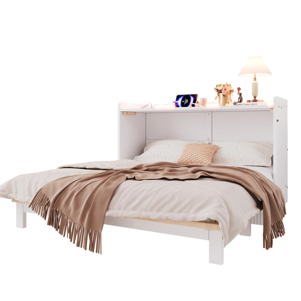 Letto a Scomparsa con Cassetti, LED e Presa USB ¨C MINIMAL ¨C Bianco 140x200