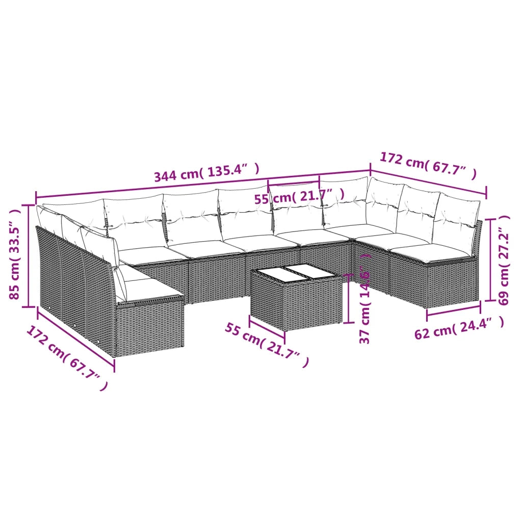 Set Divani da Giardino 11 pz con Cuscini Beige in Polyrattan