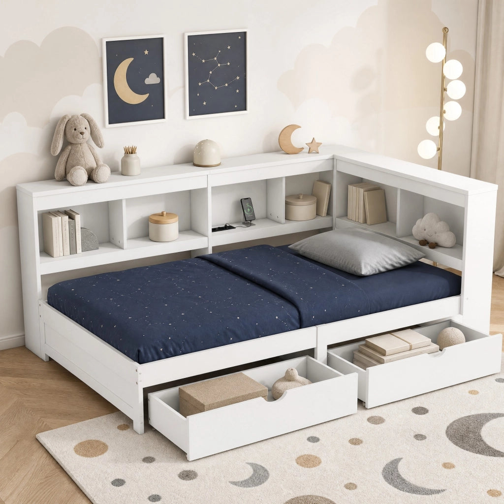 Letto a divano 90x200 cm con 2 cassetti, prese USB e ripiani laterali