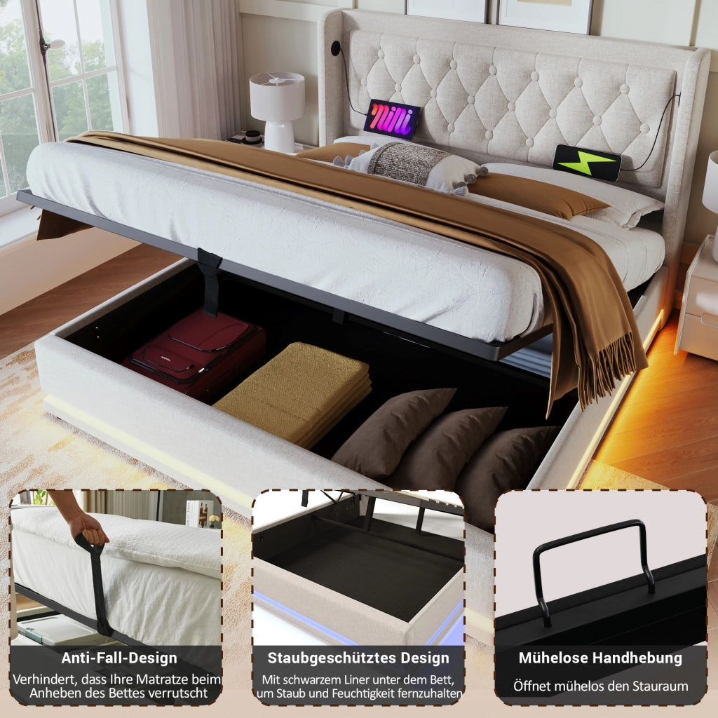 LETTO matrimoniale 160x200 cm beige in cotone con LED, USB e testiera capitonné