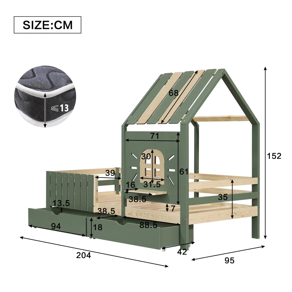 LETTO A CASetta 90x200 cm Verde e Naturale con 2 Cassetti