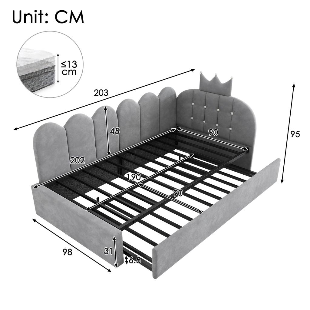 LETTO a L con letto estraibile 90x200 cm Velluto Grigio