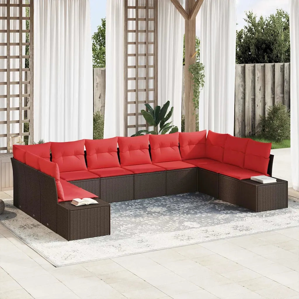 Set Divano da Giardino 10 pz 9-Numero di posti Marrone e Rosso 3355913