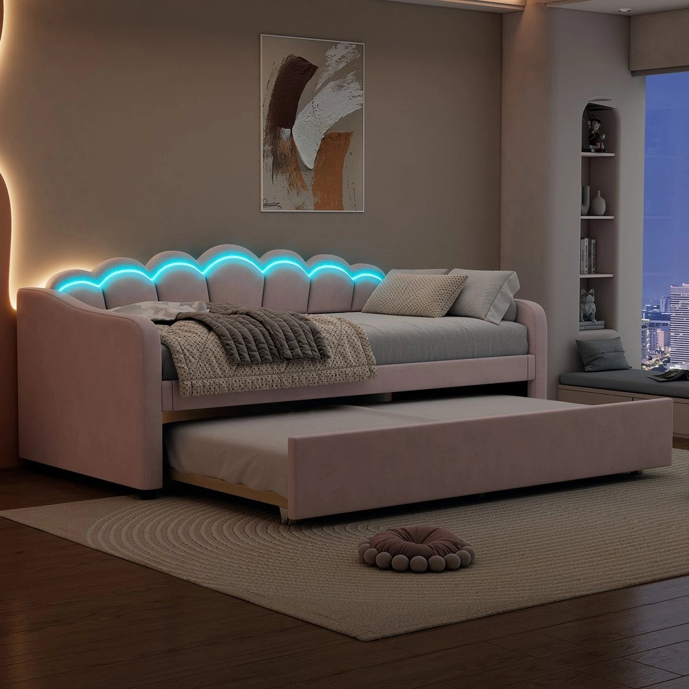 Letto Singolo Imbottito con LED ¨C MINIMAL ¨C Velluto Rosa 90x200