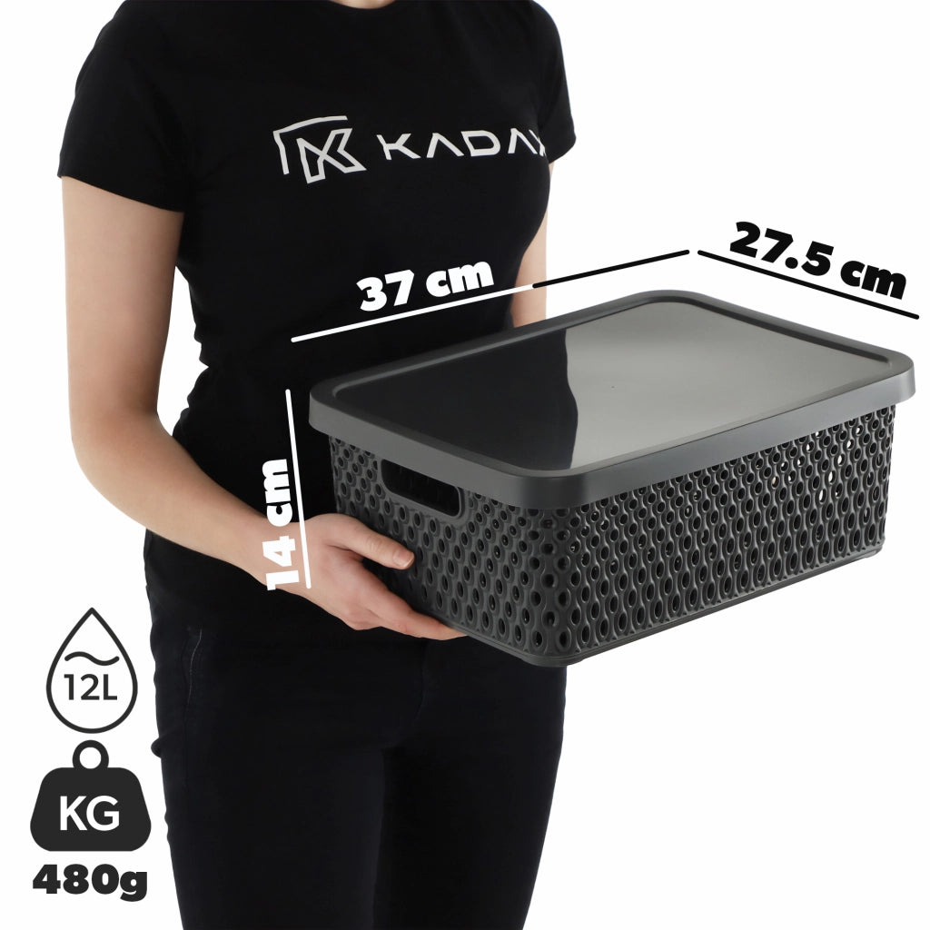 Set di 3 cestini in plastica KADAX con coperchio, colore grigio.