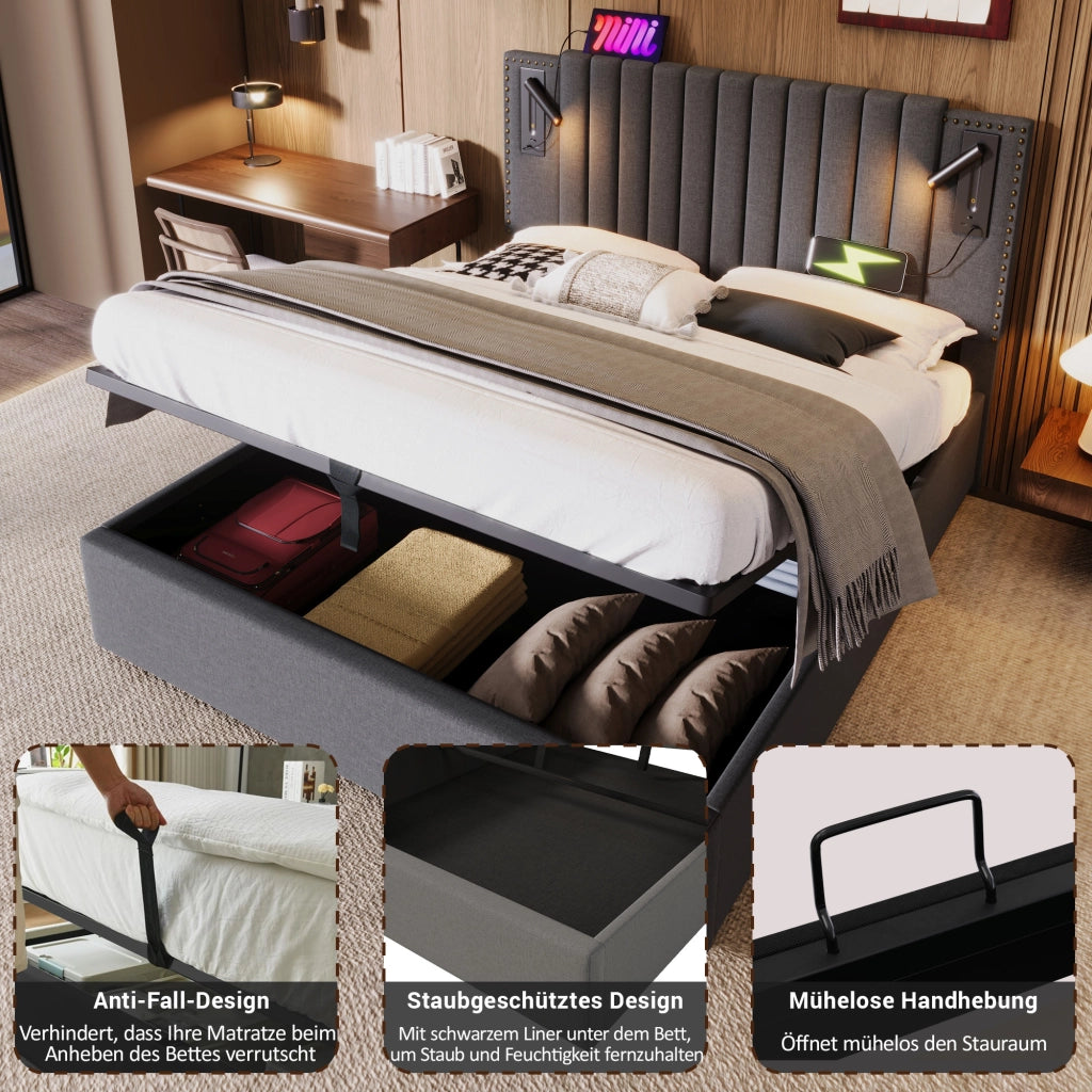 LETTO Contenitore 160x200 cm Grigio in cotone con luce di lettura e USB