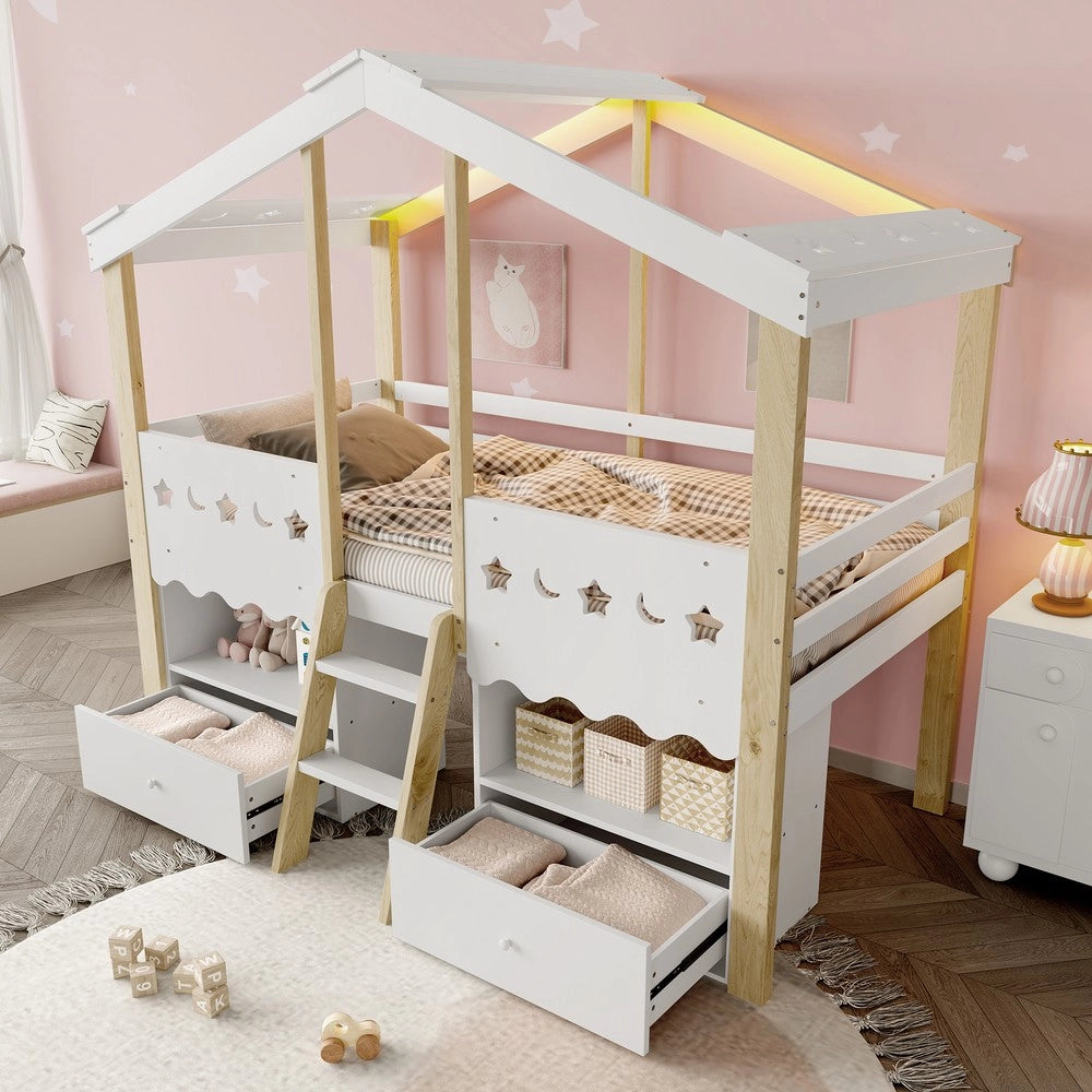 Letto a Soppalco con LED e Cassetti ¨C MINIMAL ¨C Bianco, 90x200 cm