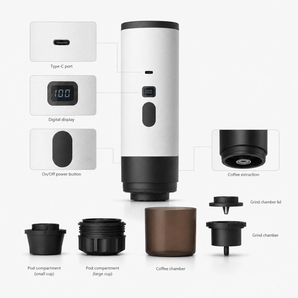 MACCHINA CAFFÈ ESPRESSO PORTATILE AUTOMATICA RICARICABILE CAPSULE E MACINATO