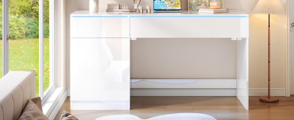 Scrivania lucida con LED, 2 cassetti e 1 vano, per studio e camera da letto, 120 × 50 × 78 cm