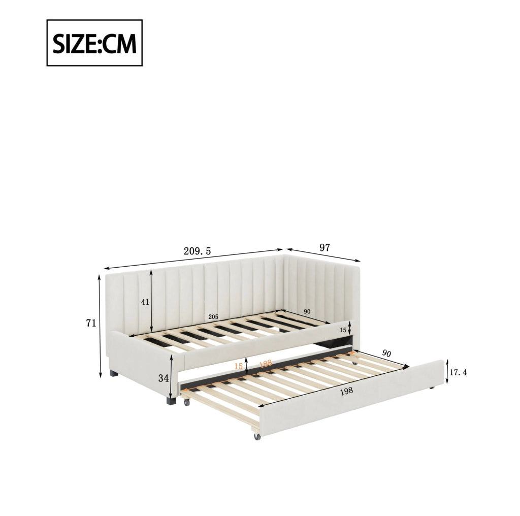 Letto imbottito 90x200 estraibile con rete a doghe, beige