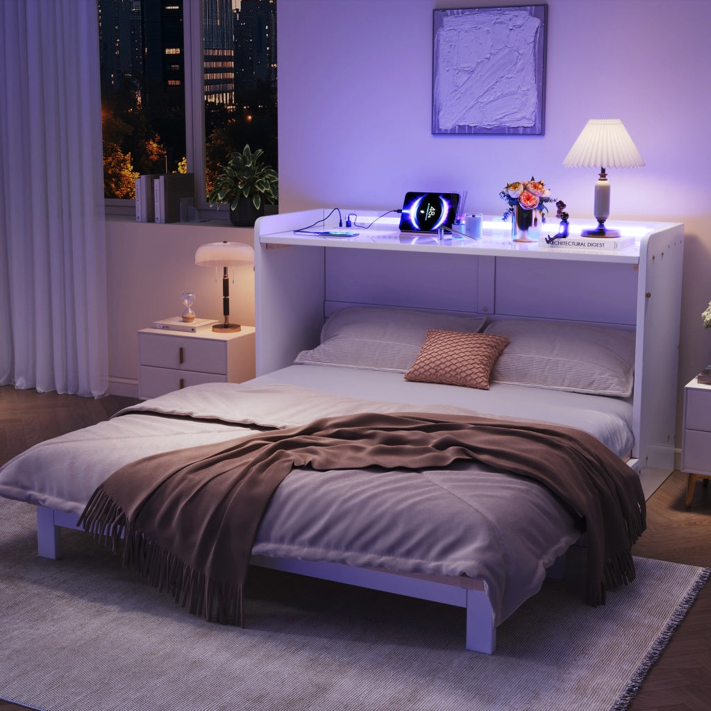Letto a Scomparsa con Cassetti, LED e Presa USB ¨C MINIMAL ¨C Bianco 140x200