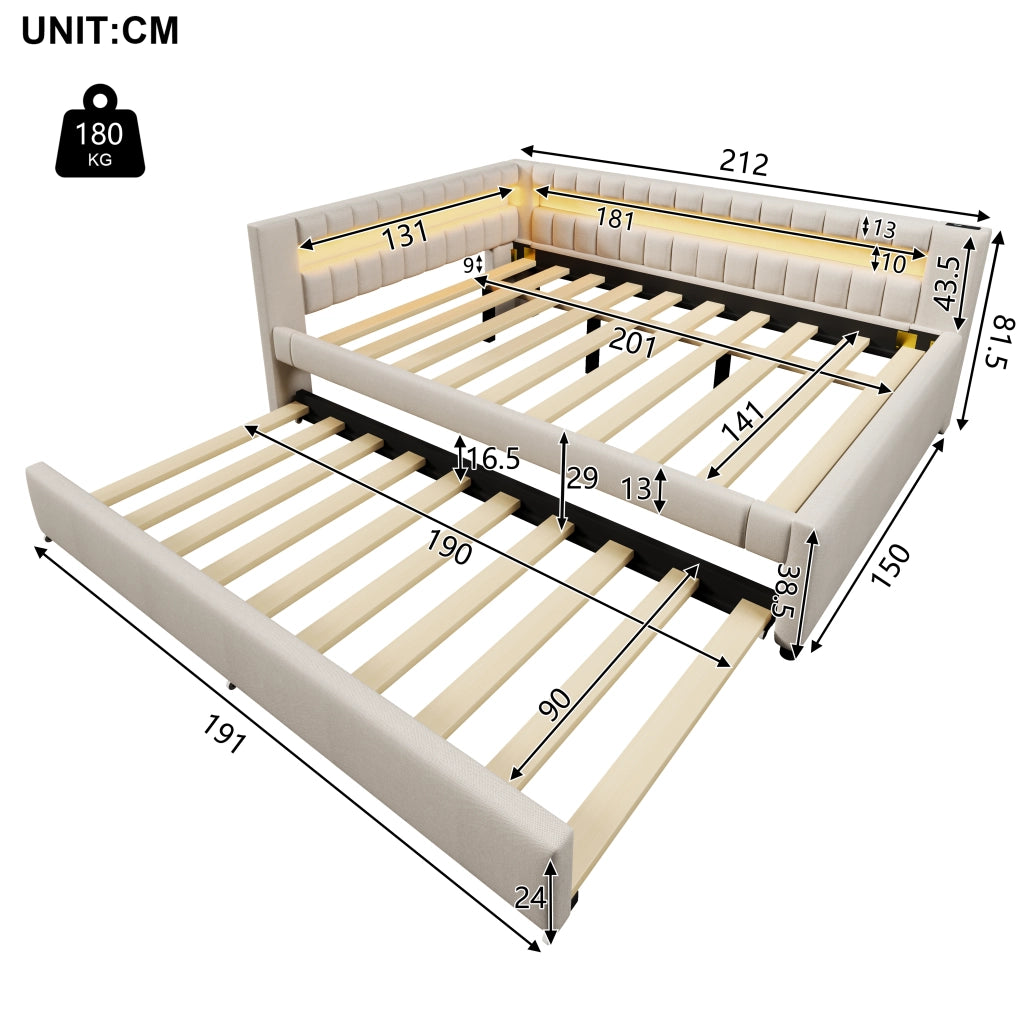 Letto a scomparsa con LED - Zephmum - 140x200cm - Beige - Luci integrate, USB, Type-C