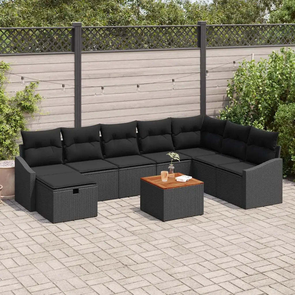 Set Divano da Giardino con cuscino 9 pcs Nero polyrattan
