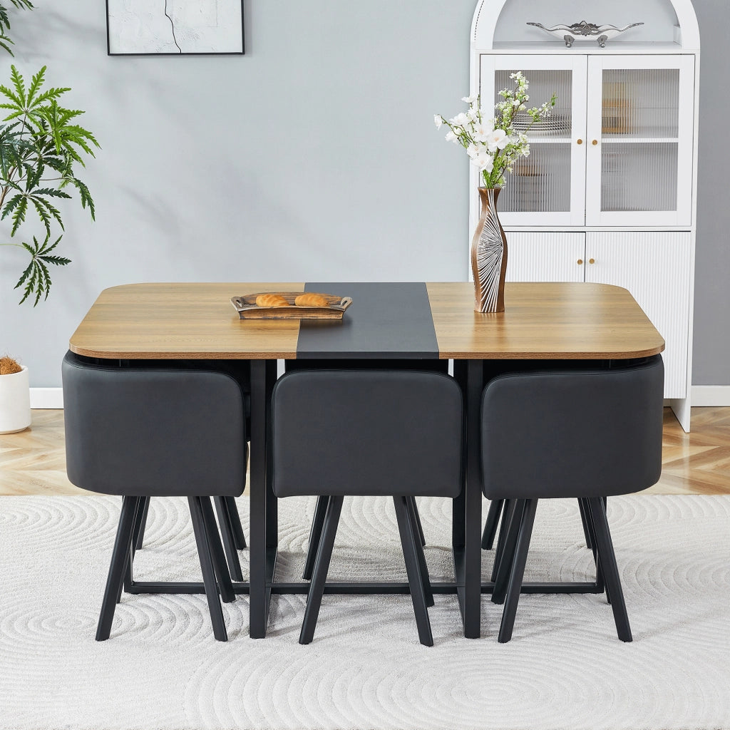 Tavolo da pranzo allungabile per 4-6 persone con sedie riponibili, piano effetto legno e struttura in metallo nero