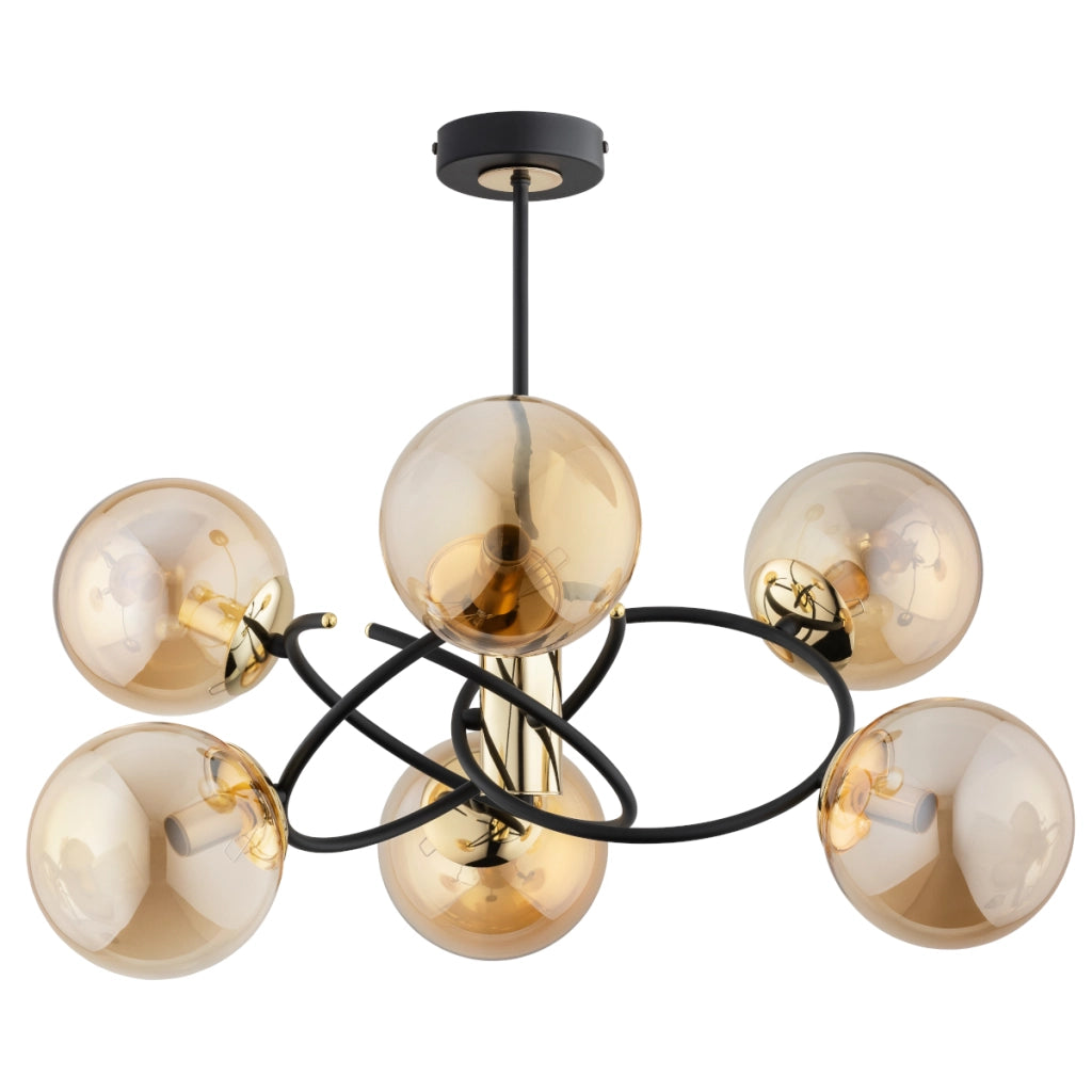 Sospensione Alfa Orbita nera vetro ambra 6xE14 Ø68cm